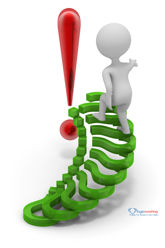 BGSICoaching ways to success | answer questions and make decisions | man walking up question mark steps