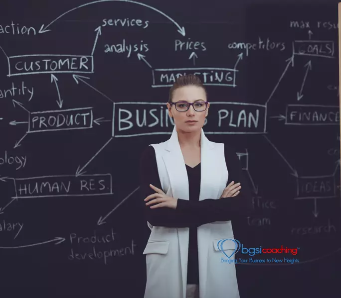 BGSICoaching - business coach | woman standing in front of chalkboard with words written on it
