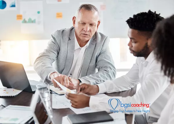 BGSICoaching | Leadership, mentor and business meeting with manager and employee in marketing, strategy and growth. Coach, training and project management with senior businessman consulting with review or idea