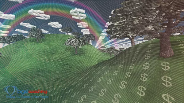 Surreal digital art. Landscape with currency elements. Trees with dollars banknotes instead of leaves. Clouds in shape of dollars sign. Rainbow in the sky