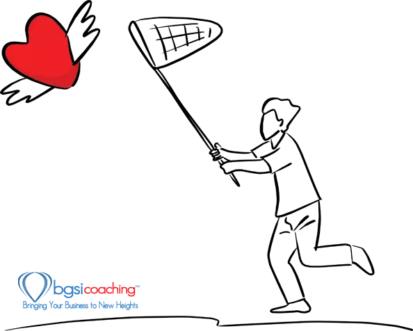 man using net to catch red heart shape sign with wings vector illustration sketch doodle hand drawn with black lines isolated on white background