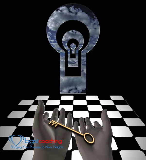 BGSICoaching | Key in human hands. Mystic keyholes and checkered floor | Unlock Your Imagination